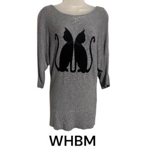 WHBM Gray Lightweight Sweater w/Black w/Rhinestone Collar Cat Silhouette  SM #K